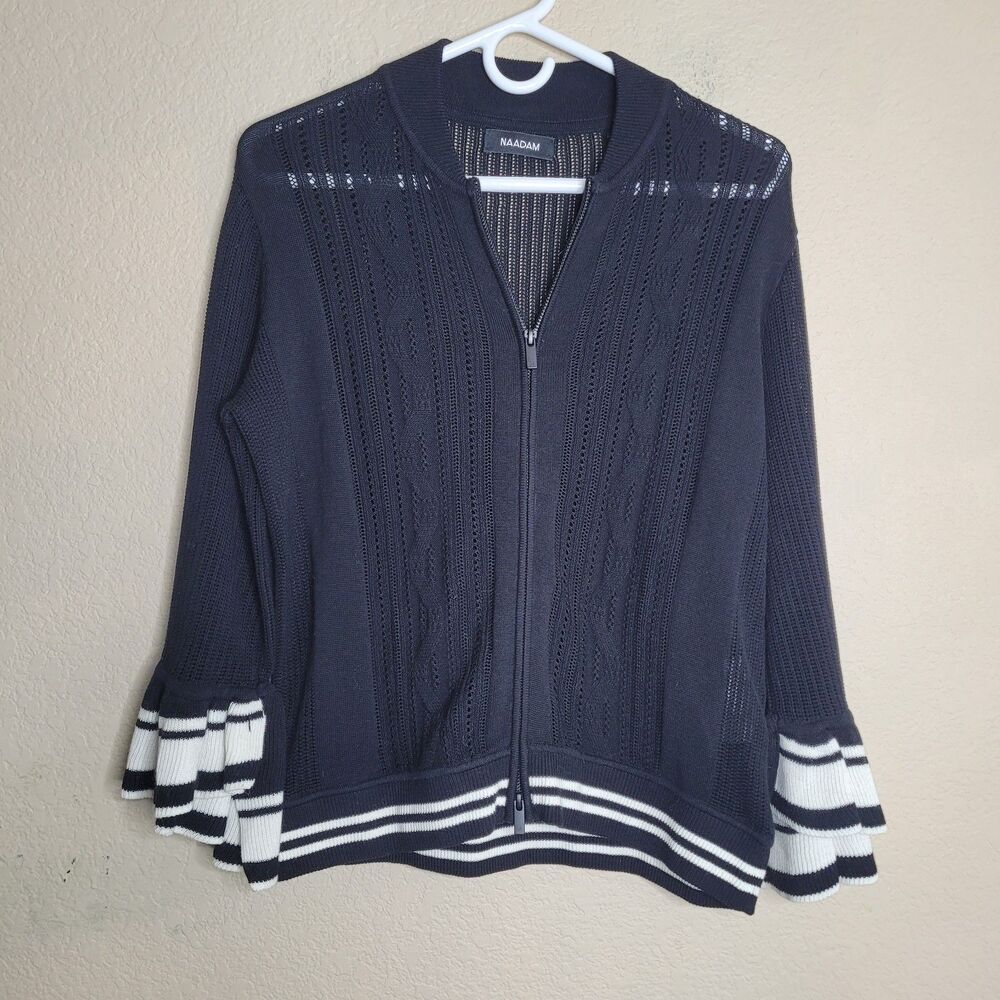 Naadam Zip Up Black Knit Cardigan Sweater Size Medium Cotton Cupro Merino Wool